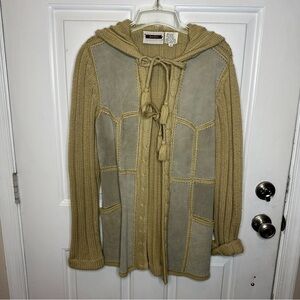 Neiman Marcus Womens Leather Knit Cardigan Size 14 Tan Beige Tie Closure Vintage